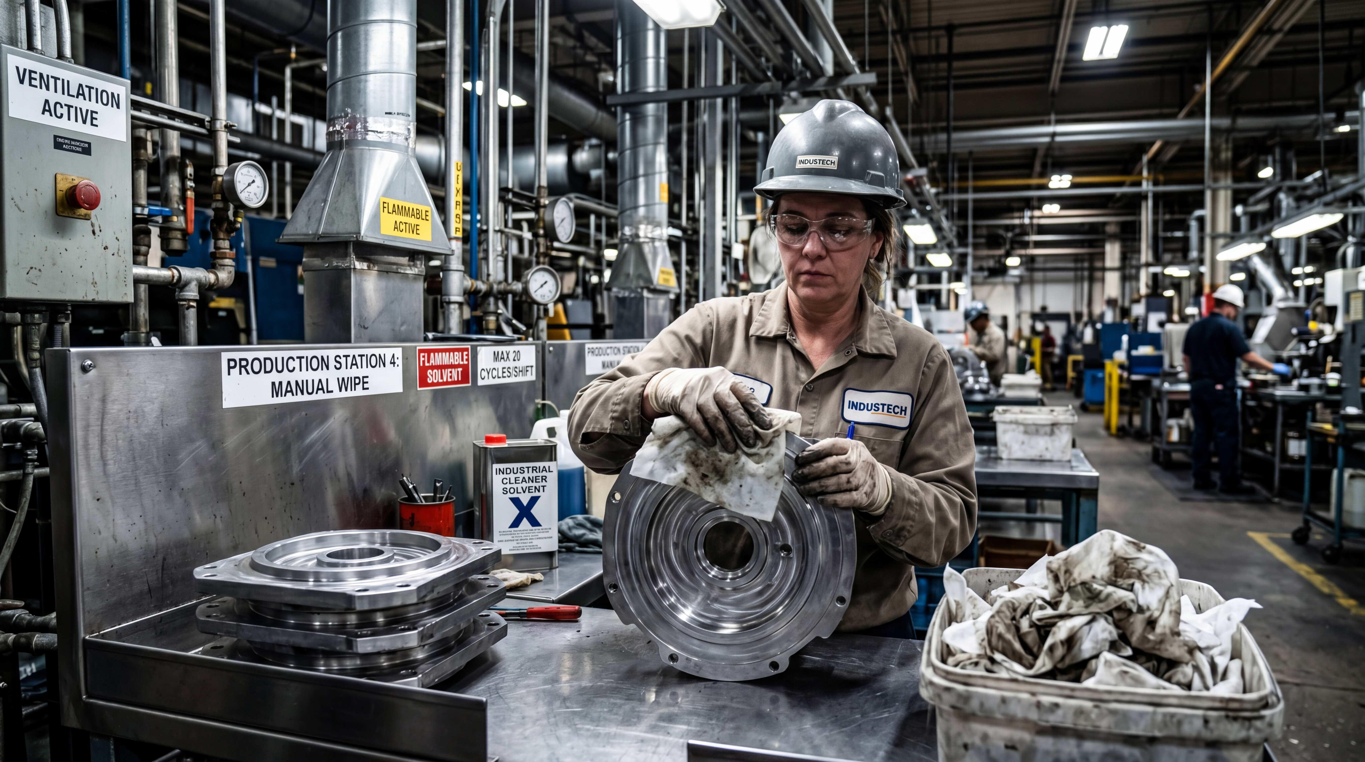 Manual wipe-down cleaning station showing why solvent portfolios should distinguish routine manual cleaning from other industrial uses